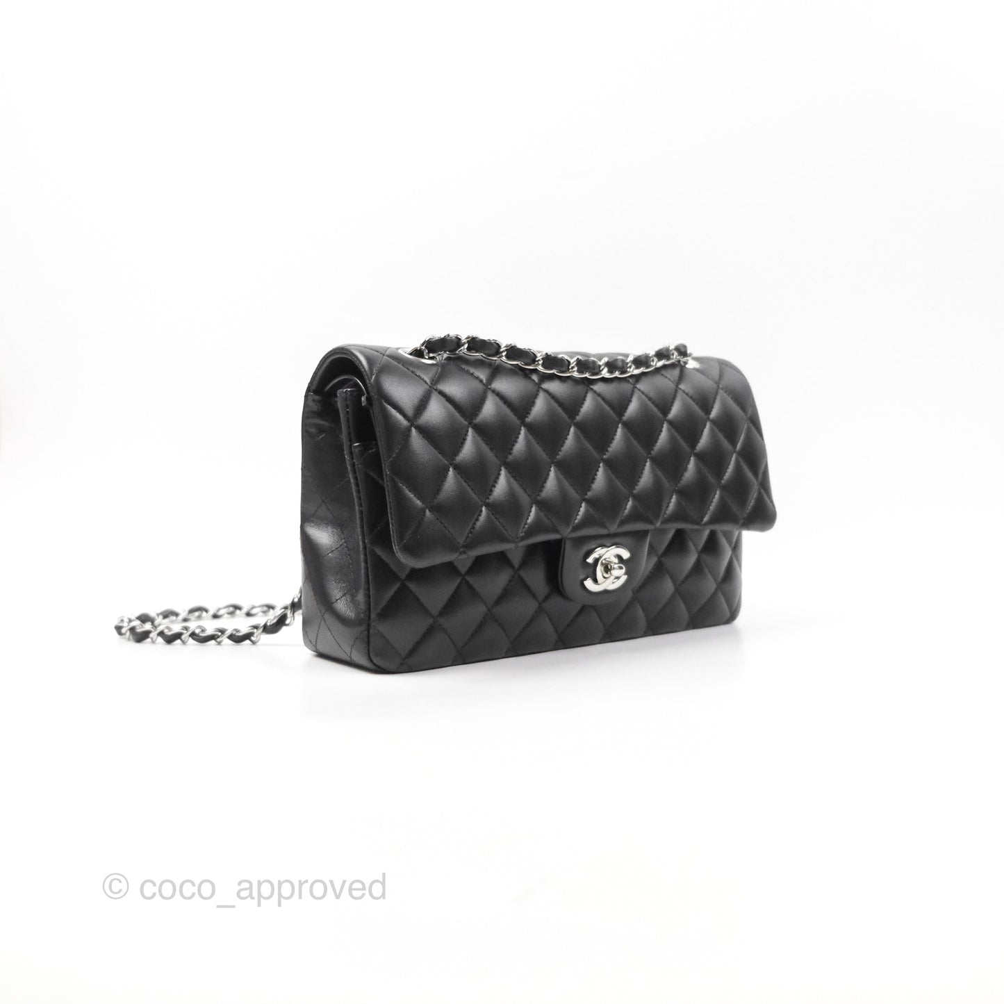 Chanel Classic M/L Medium Flap Quilted Black Lambskin Silver Hardware