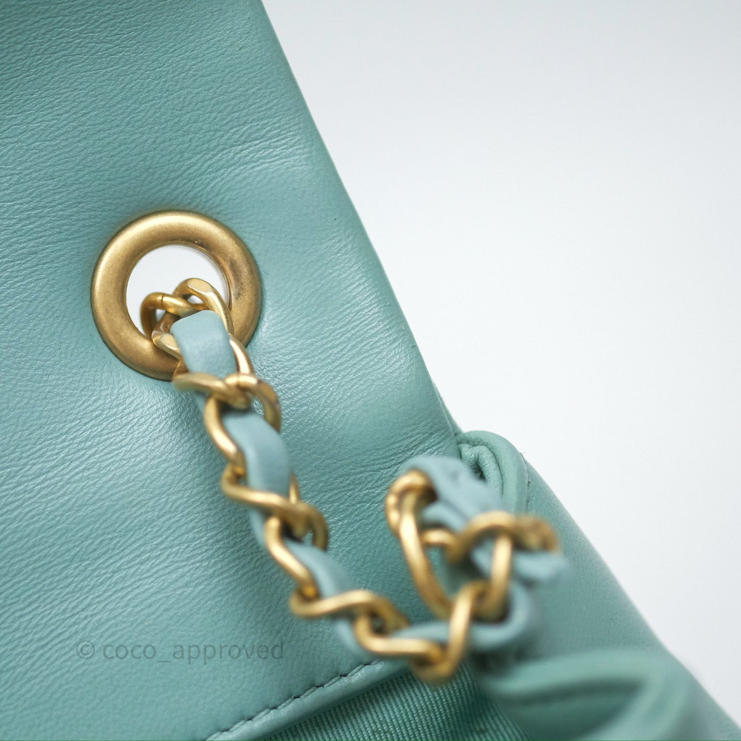 Chanel Quilted Small Circular Handle Bag Mint Green Aged Gold Hardware