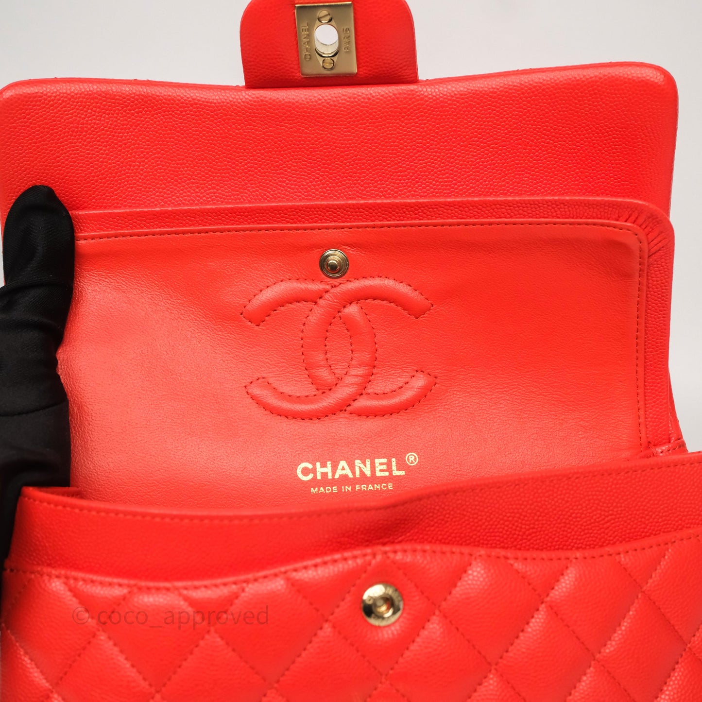 Chanel Small Classic Flap Quilted Red Orange Caviar Gold Hardware