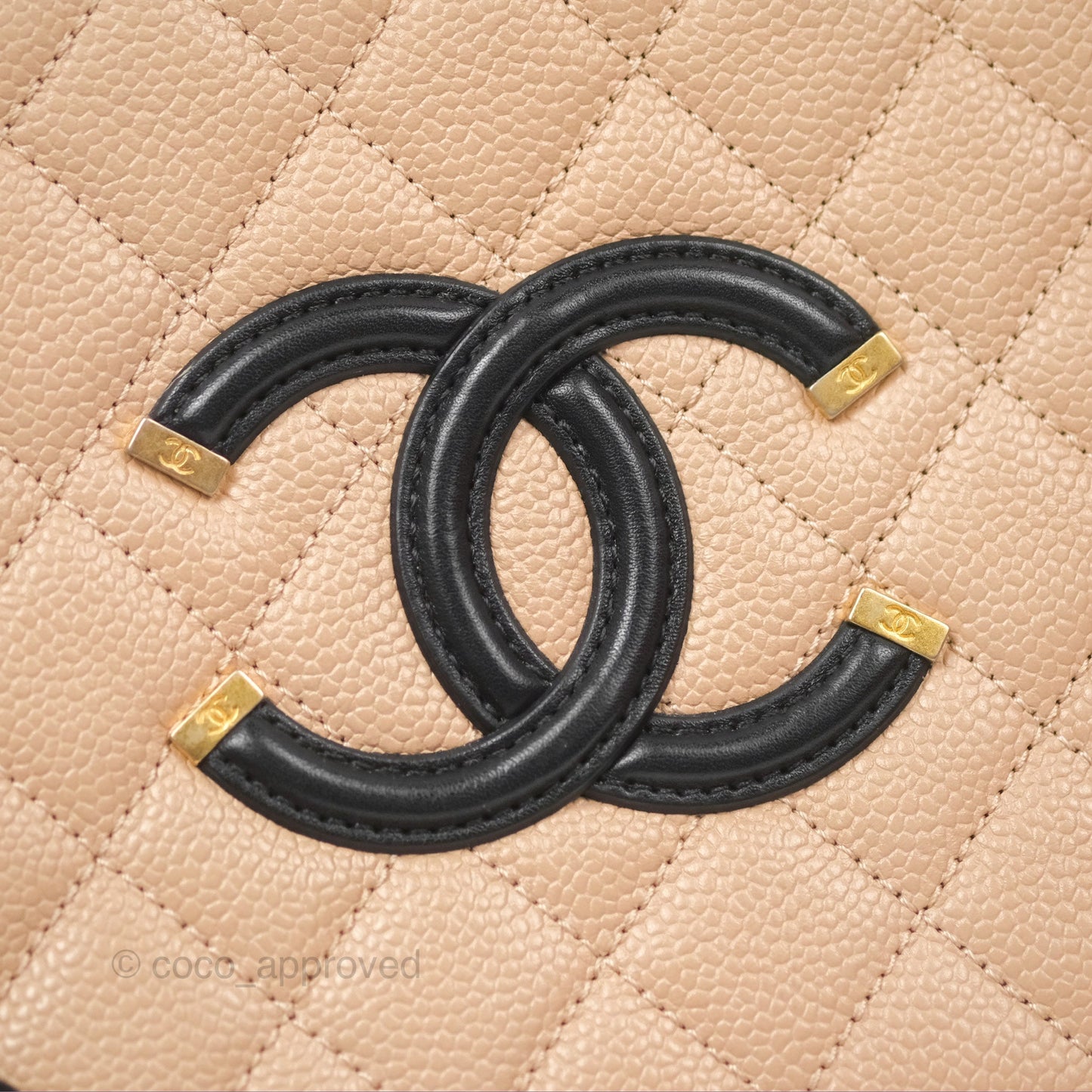 Chanel Quilted Medium CC Filigree Vanity Case Beige Black Caviar Gold Hardware