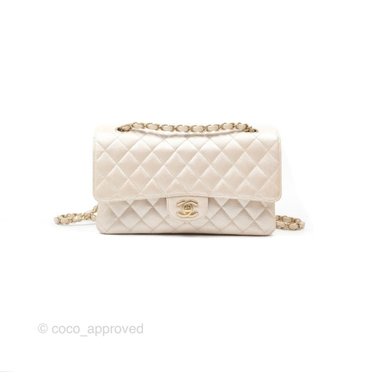 Chanel Classic M/L Medium Flap Quilted Pearly Ivory Beige Caviar Matte Gold Hardware 12P