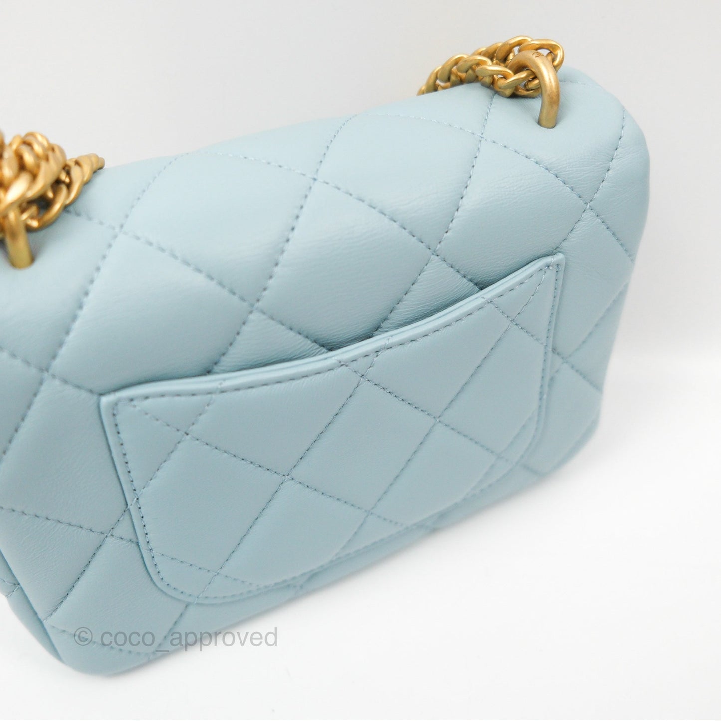 Chanel Quilted Enamel Pending CC Mini Square Flap Baby Blue Lambskin 22P