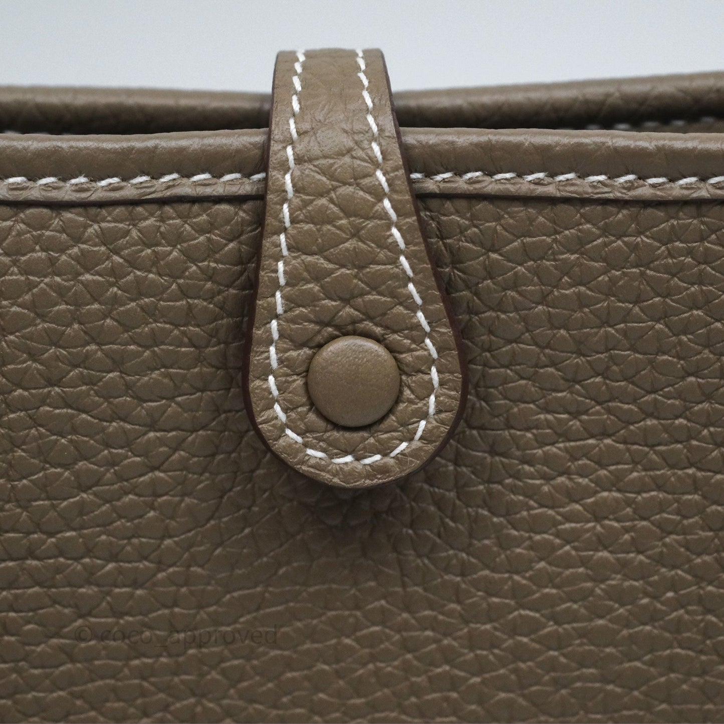 Hermès Mini Evelyne 16 Etoupe 18 Clemence Gold Hardware with Bleu Indigo Strap