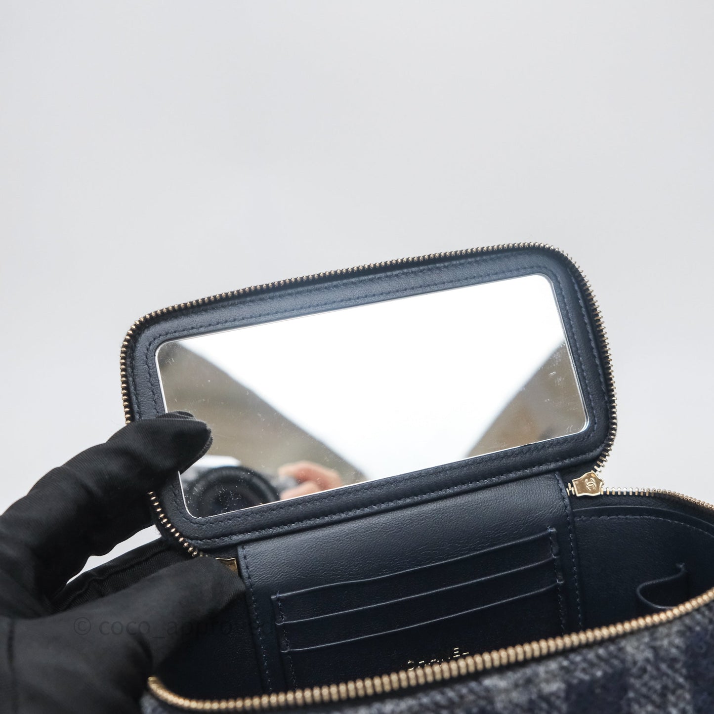 Chanel Vanity With Chain Navy Tweed Plaid Gold Hardware
