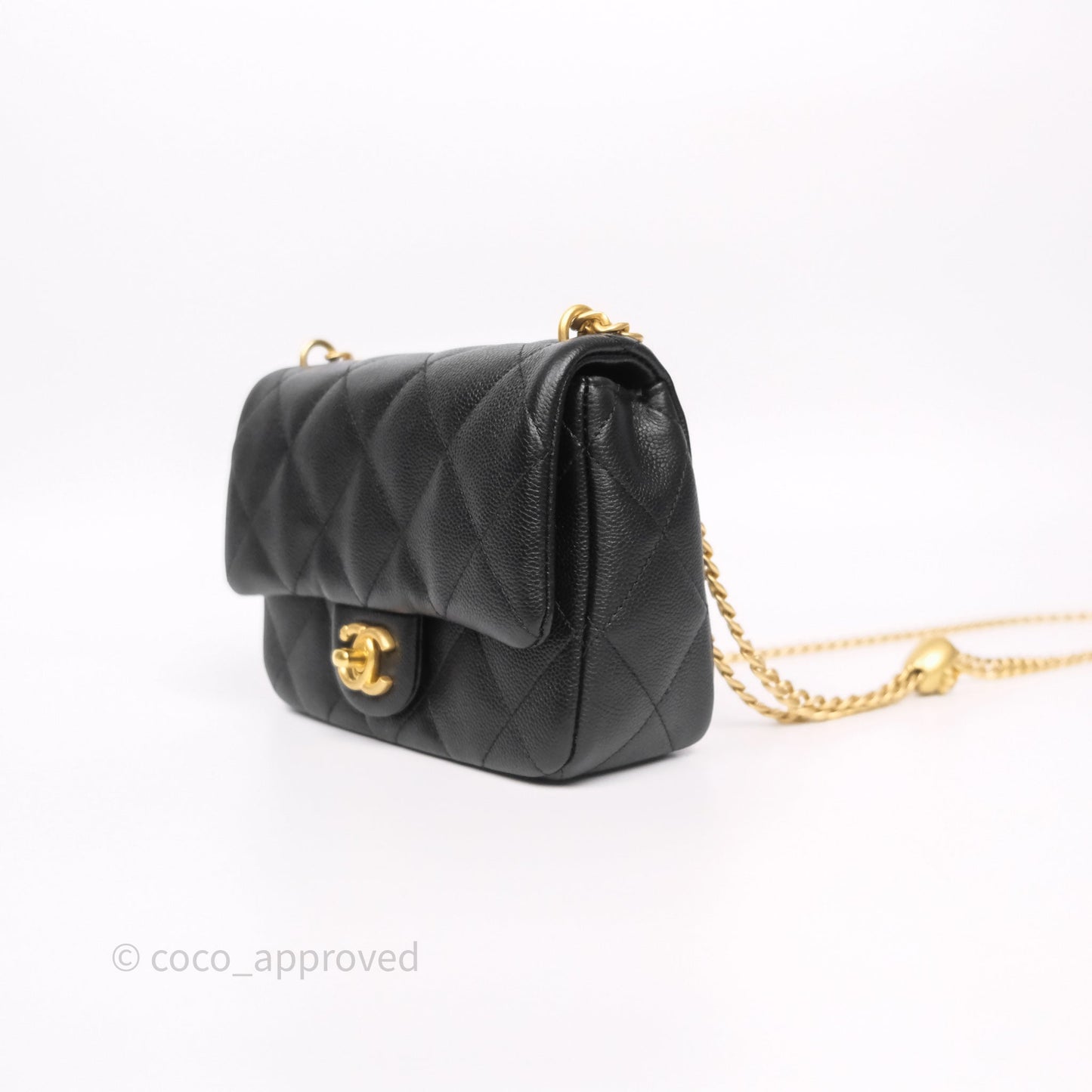 Chanel Mini Flap Bag Heart Adjustable Chain Black Caviar Aged Gold Hardware