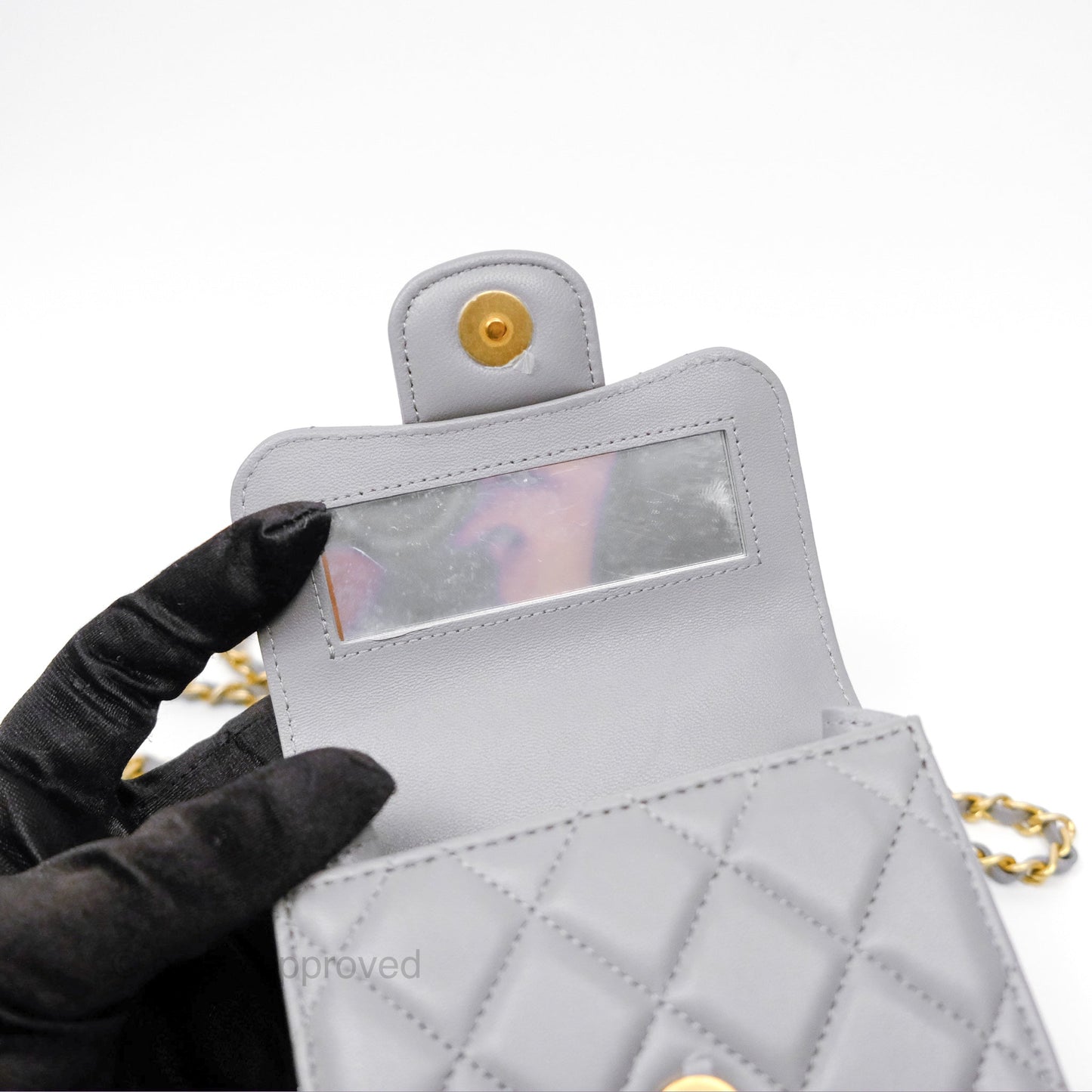 Chanel Mini Metal Handle Clutch With Chain Grey Lambskin Gold Hardware