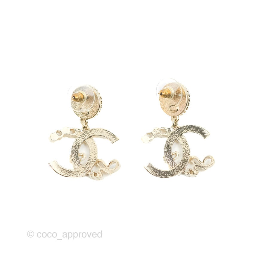 Chanel CC Coco Round Pearl Drop Earrings Gold Tone 22P