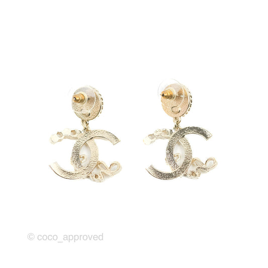 Chanel CC Coco Round Pearl Drop Earrings Gold Tone 22P