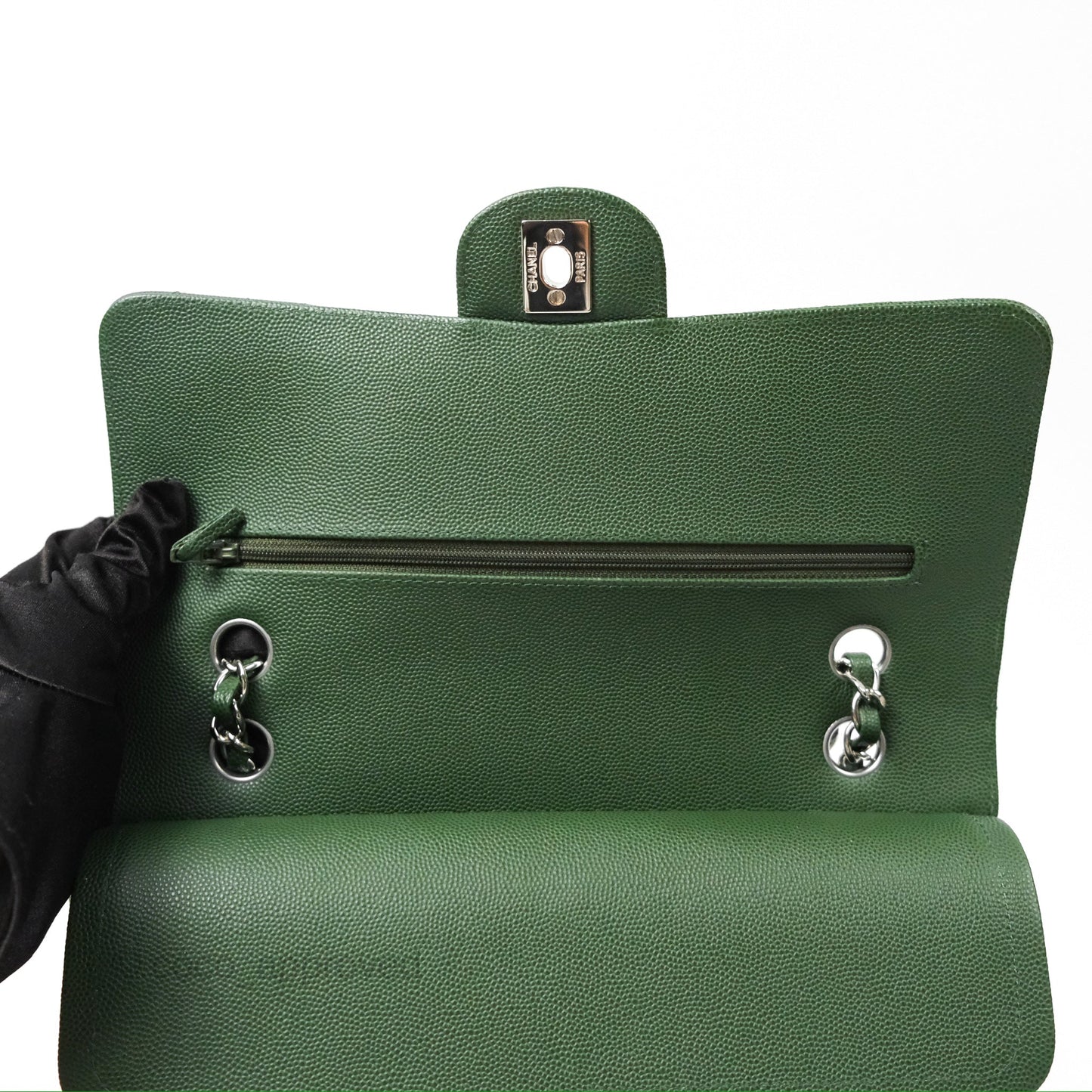 Chanel Classic M/L Medium Flap Quilted Dark Green Caviar Silver Hardware
