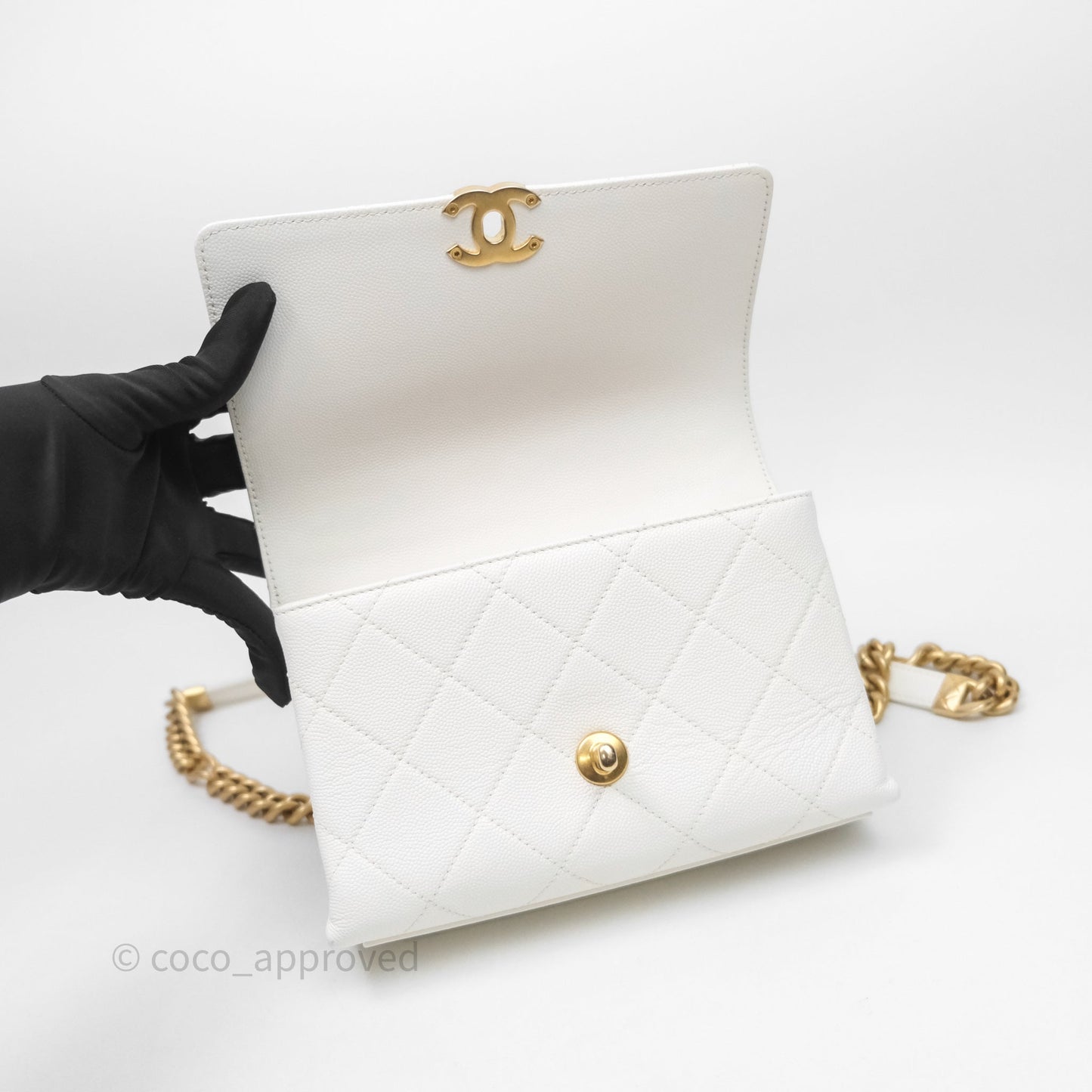 Chanel Bracelet On Chain Small Flap Bag White Caviar Aged Gold Hardware