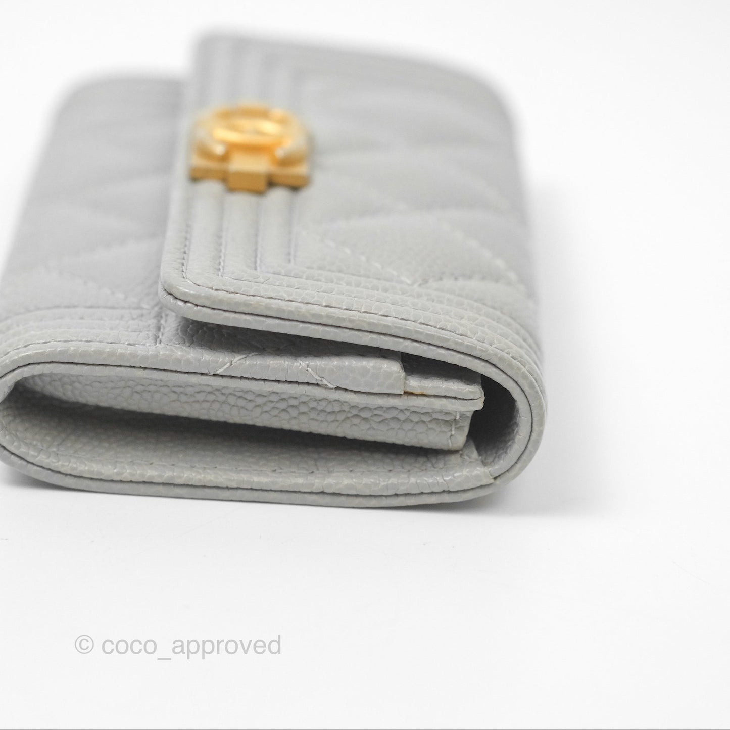Chanel Boy Quilted Flap Card Holder Grey Caviar Aged Gold Hardware