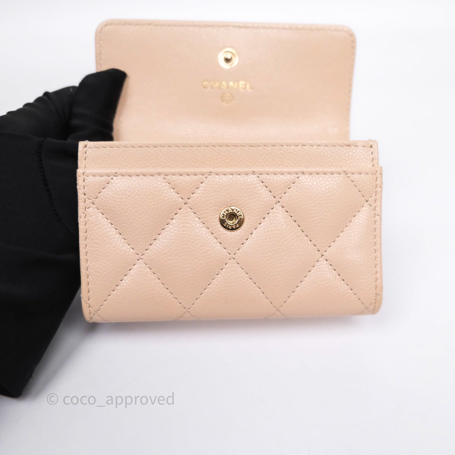 Chanel Pearl CC Flap Card Holder Beige Caviar Gold Hardware