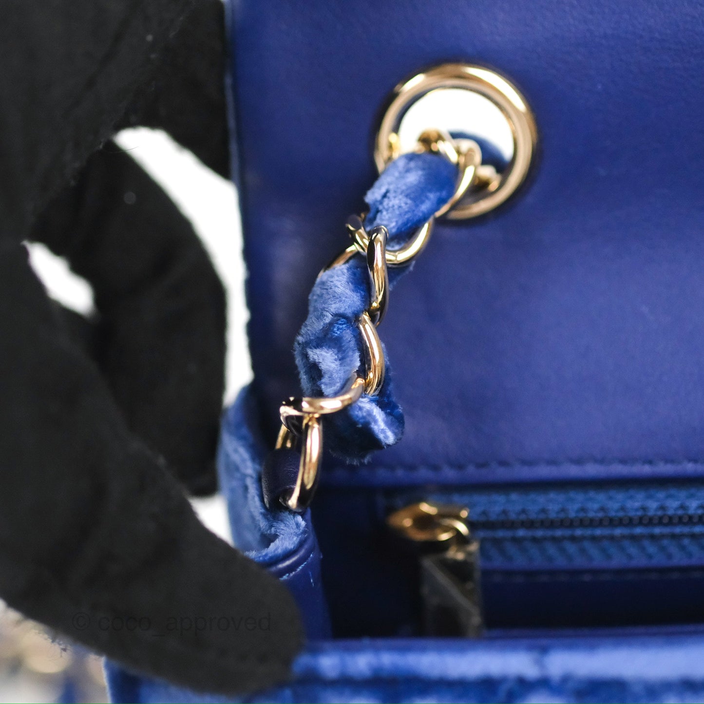 Chanel Quilted Mini Rectangular Flap Blue Velvet Gold Hardware