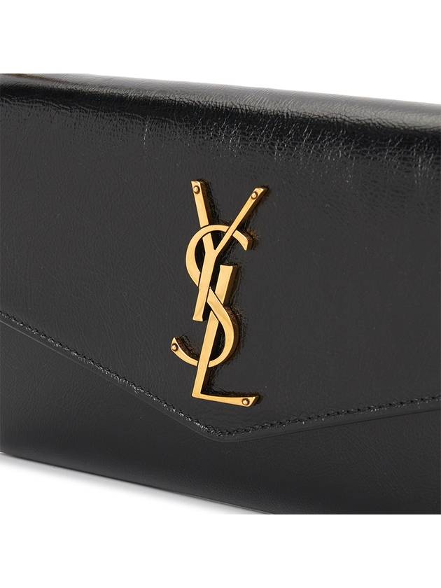 Luxury Saint Laurent Uptown Shiny Grained Leather Chain Wallet Black
