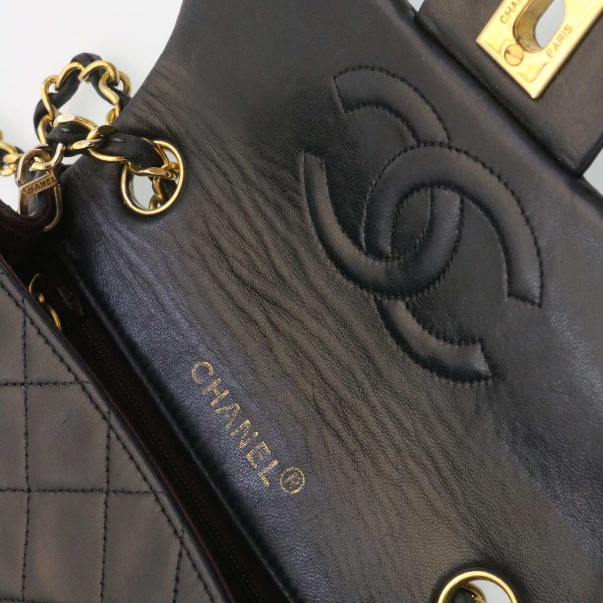 CHANEL Mini Matelasse Chain Flap Shoulder Bag Lamb Skin Black Gold  29069A