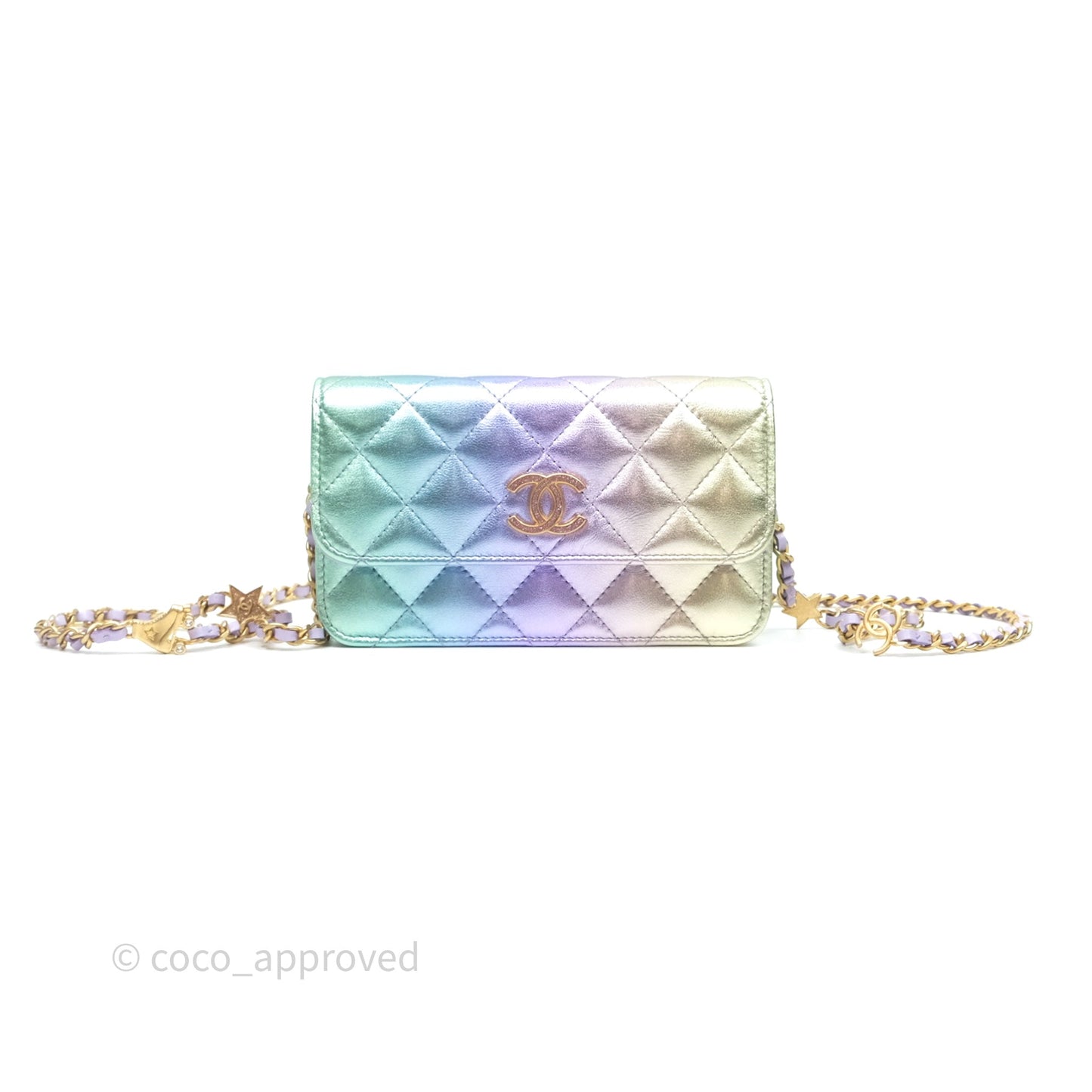 Chanel Quilted Phone Holder with Chain Metallic Rainbow Lambskin Aged Gold Hardware 24C