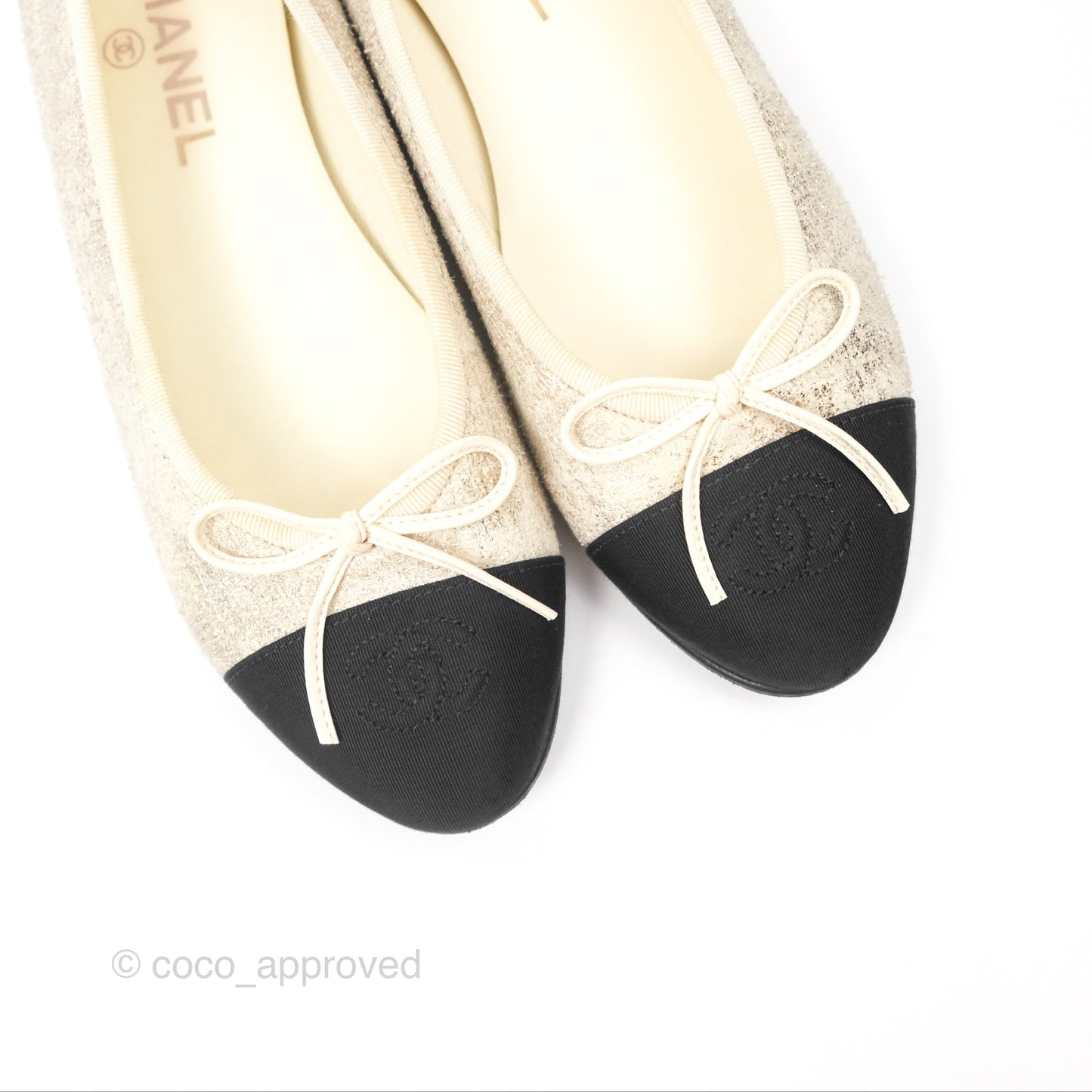 Chanel Ballerina Flats Glitter Ivory Black Size 39