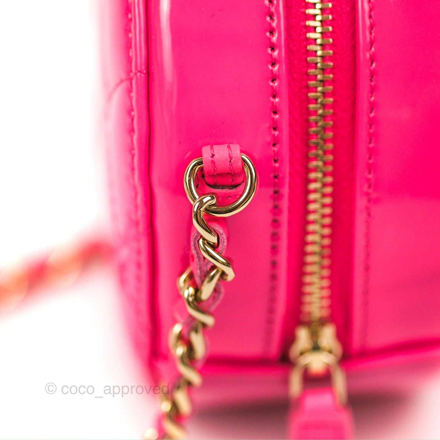 Chanel Classic Quilted Round Clutch Neon Pink Patent Gold Hardware