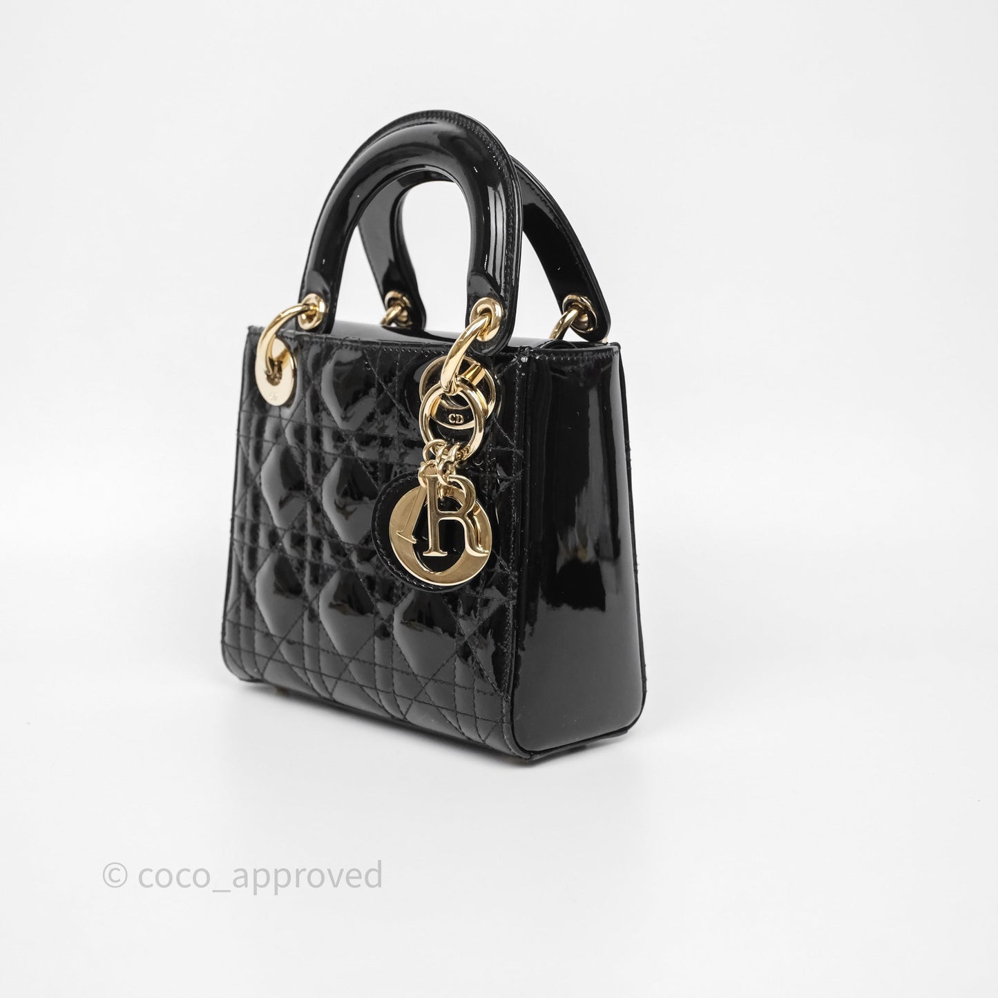 Christian Dior Mini Lady Dior Black Cannage Patent Gold Hardware
