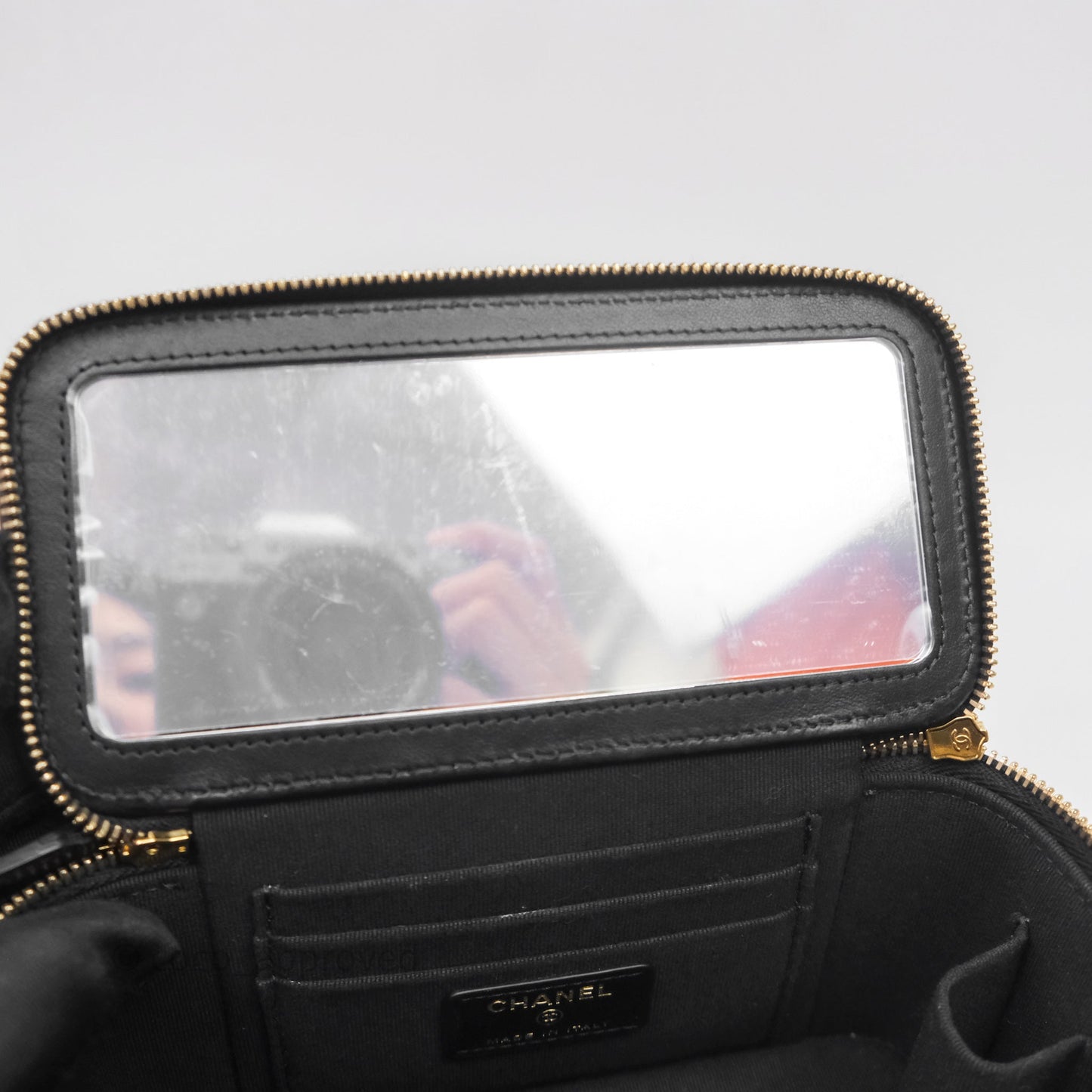 Chanel Quilted Top Handle Pocket Vanity Case Black Shiny Lambskin Bag Gold Hardware