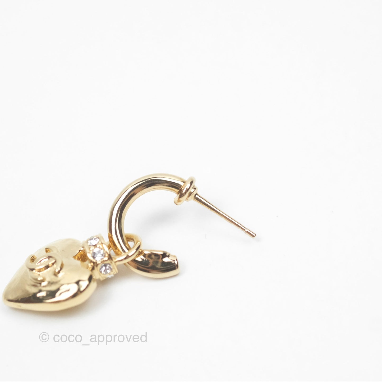 Chanel Heart CC Crystal Drop Hoop Earrings Gold Tone 24P