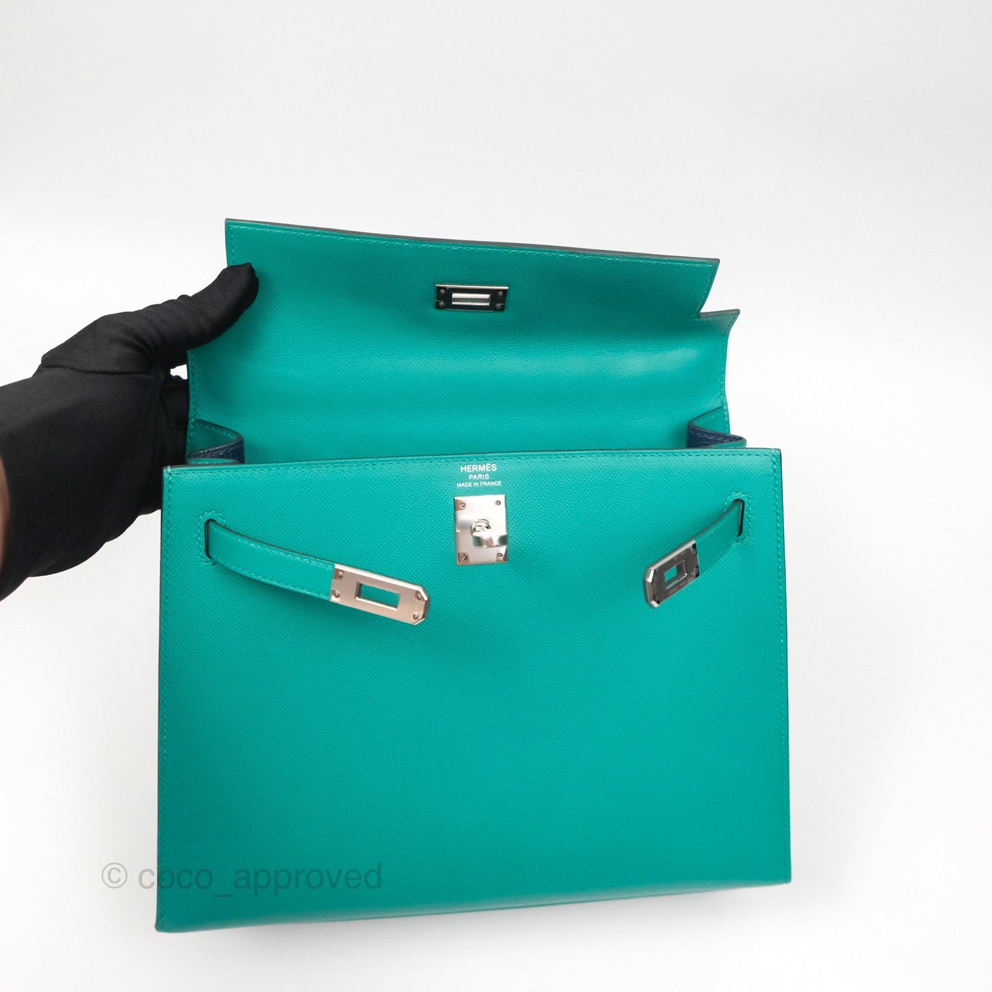 Hermès Sellier Kelly 25 Madame Leather Vert Verone U1/ Bleu De Prusse 7P Palladium Hardware