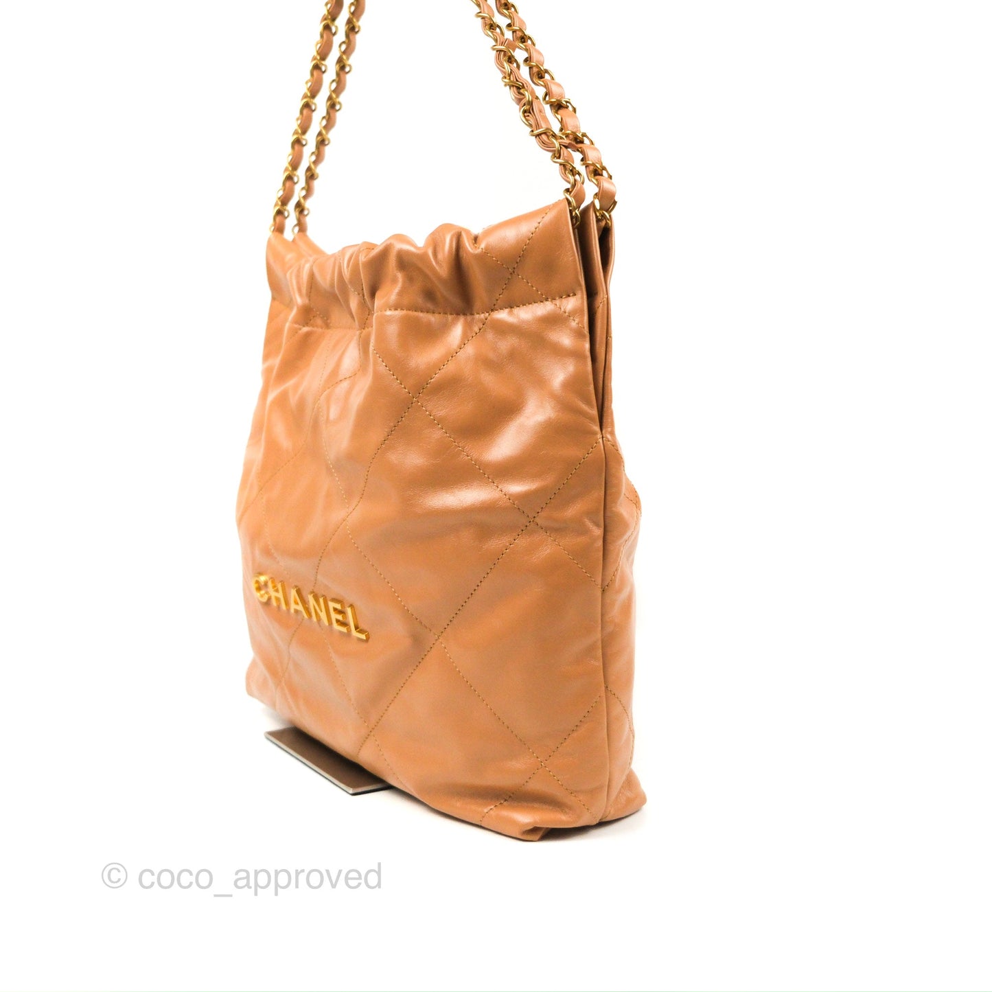 Chanel 22 Small Caramel Beige Shiny Calfskin Aged Gold Hardware