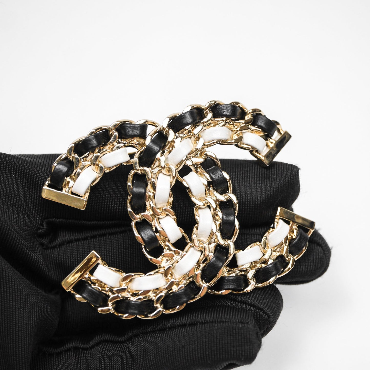 Chanel CC Braided Leather Black & White Brooch Gold Tone 22A