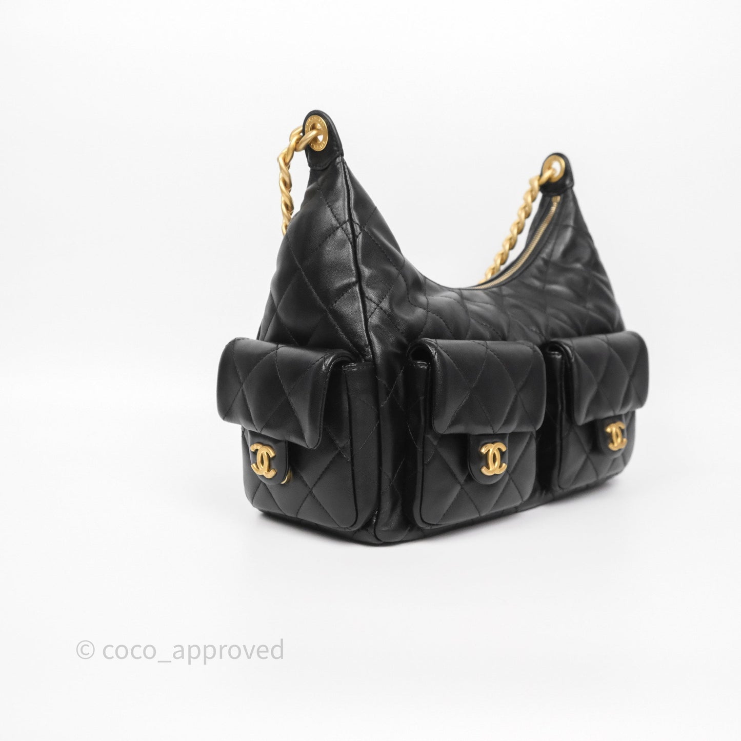 Chanel Quilted Large Trendy Double Pocket Hobo Black Lambskin Gold Hardware