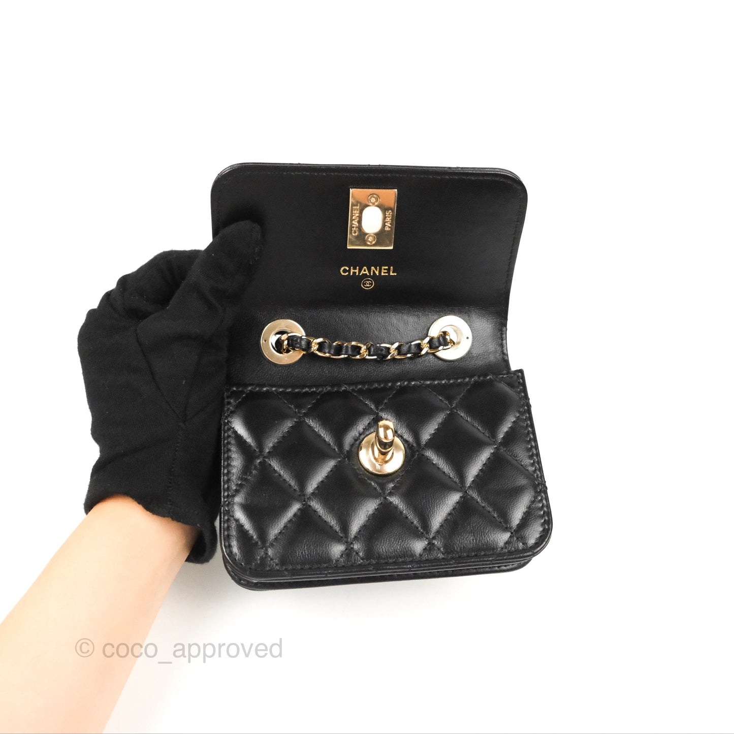 Chanel Mini Quilted Trendy CC Card Holder With Chain Black Lambskin Gold Hardware