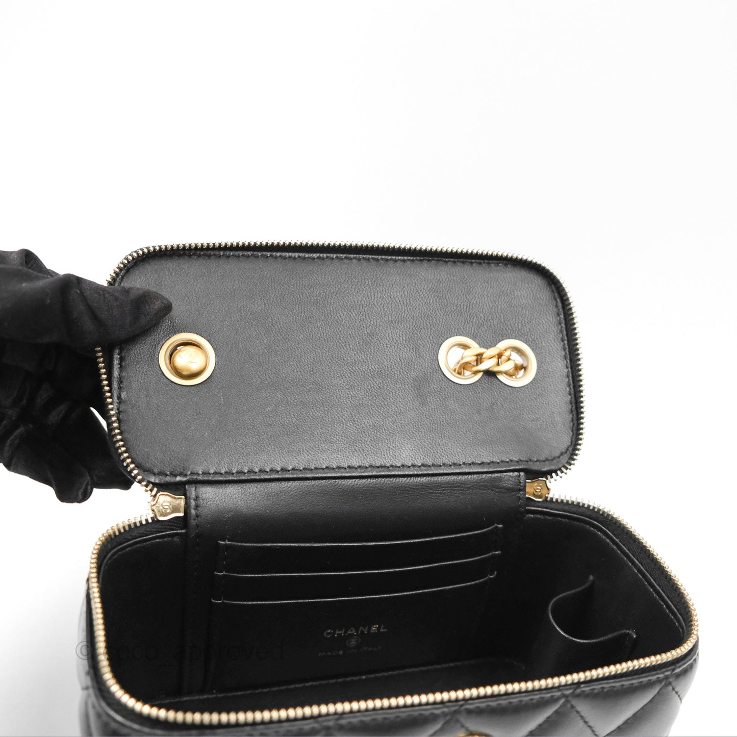 Chanel All Slide Vanity with Adjustable Chain Black Lambskin Aged Gold Hardware