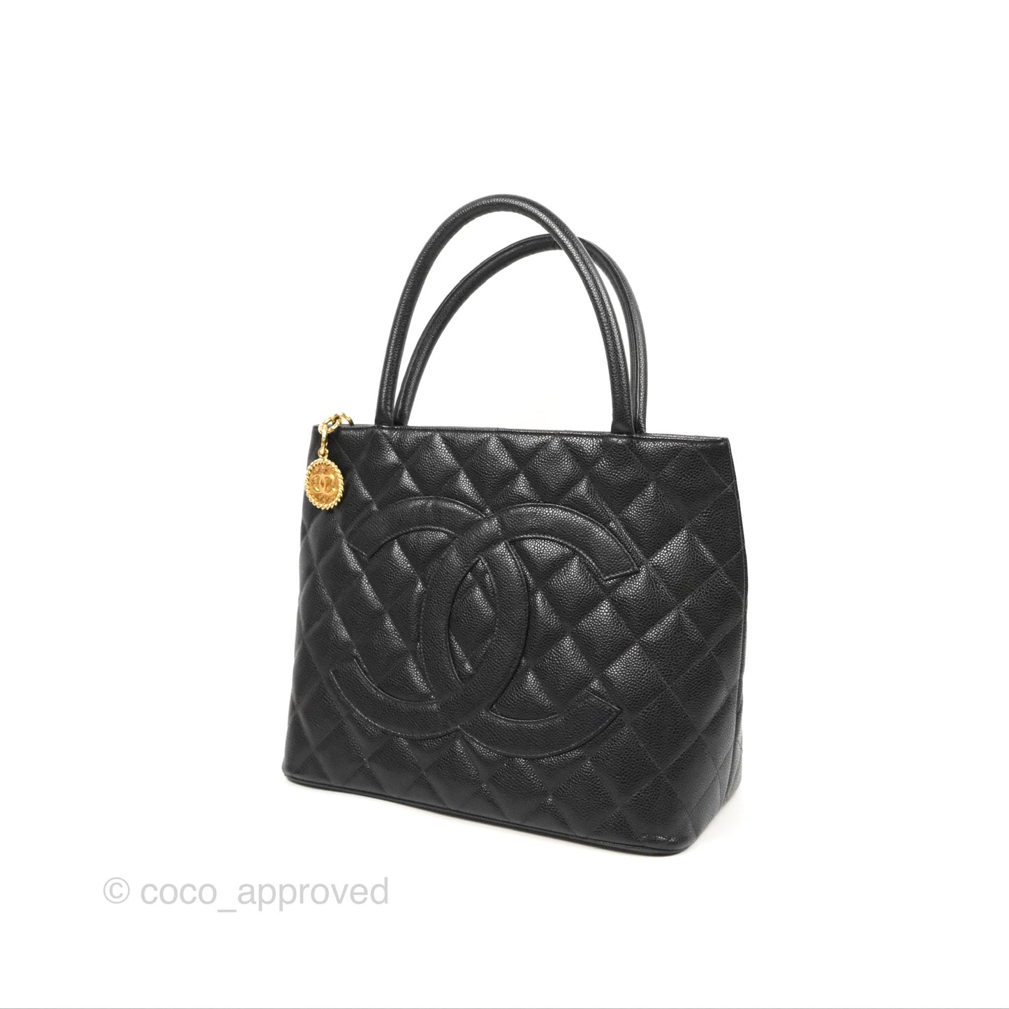 Chanel Vintage Medallion CC Black Caviar Tote Bag Gold Hardware