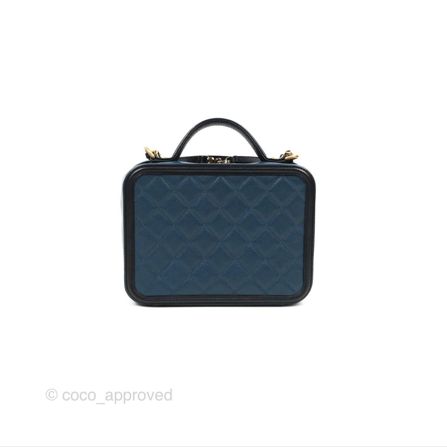 Chanel Quilted Medium CC Filigree Vanity Case Navy Black Caviar Aged Gold Hardware