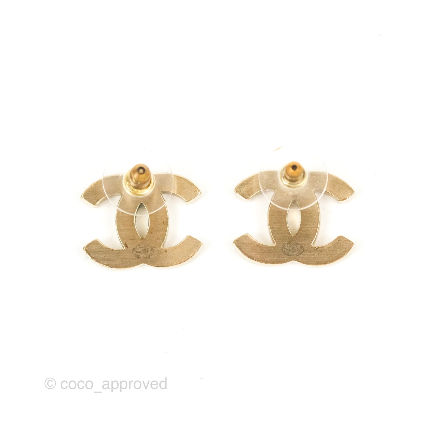 Chanel CC Black Leather Earrings Matte Gold Tone 12P