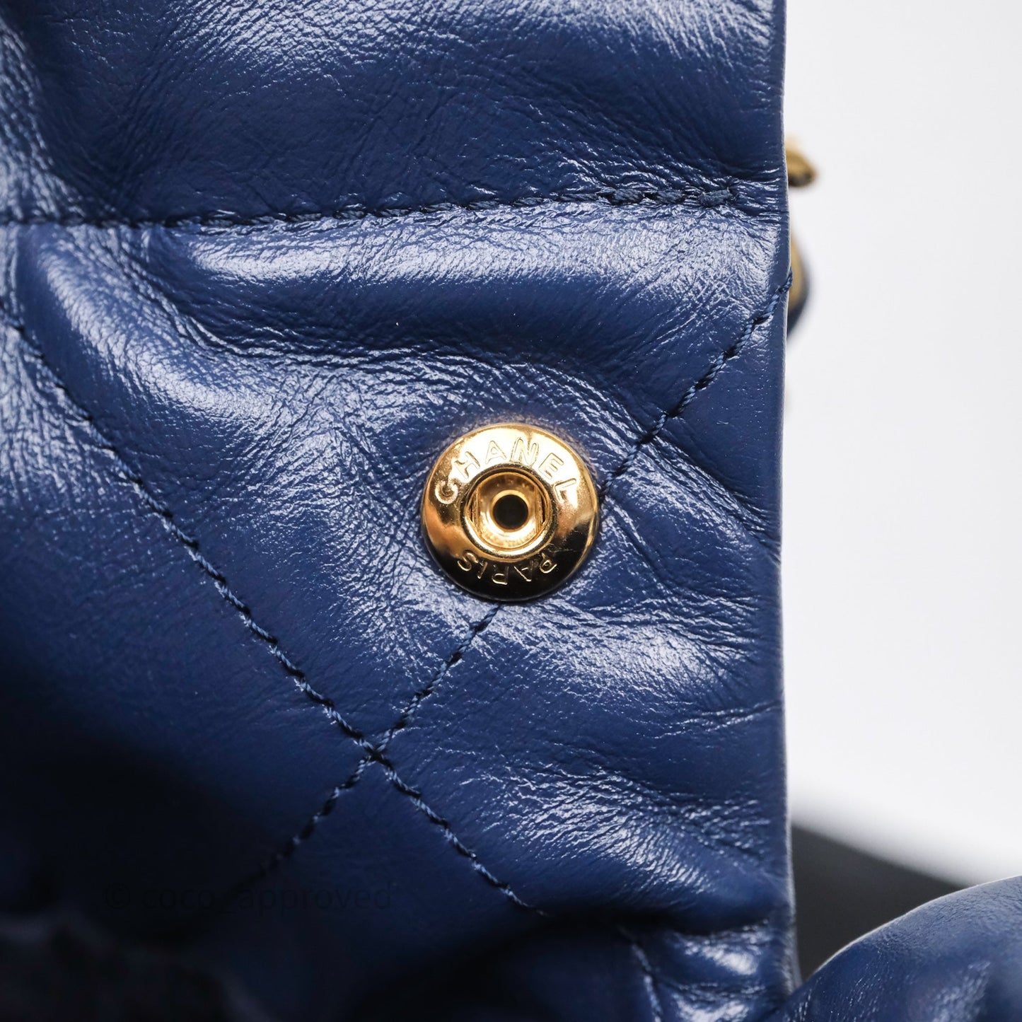 Chanel 22 Small Blue Shiny Calfskin Aged Gold Hardware