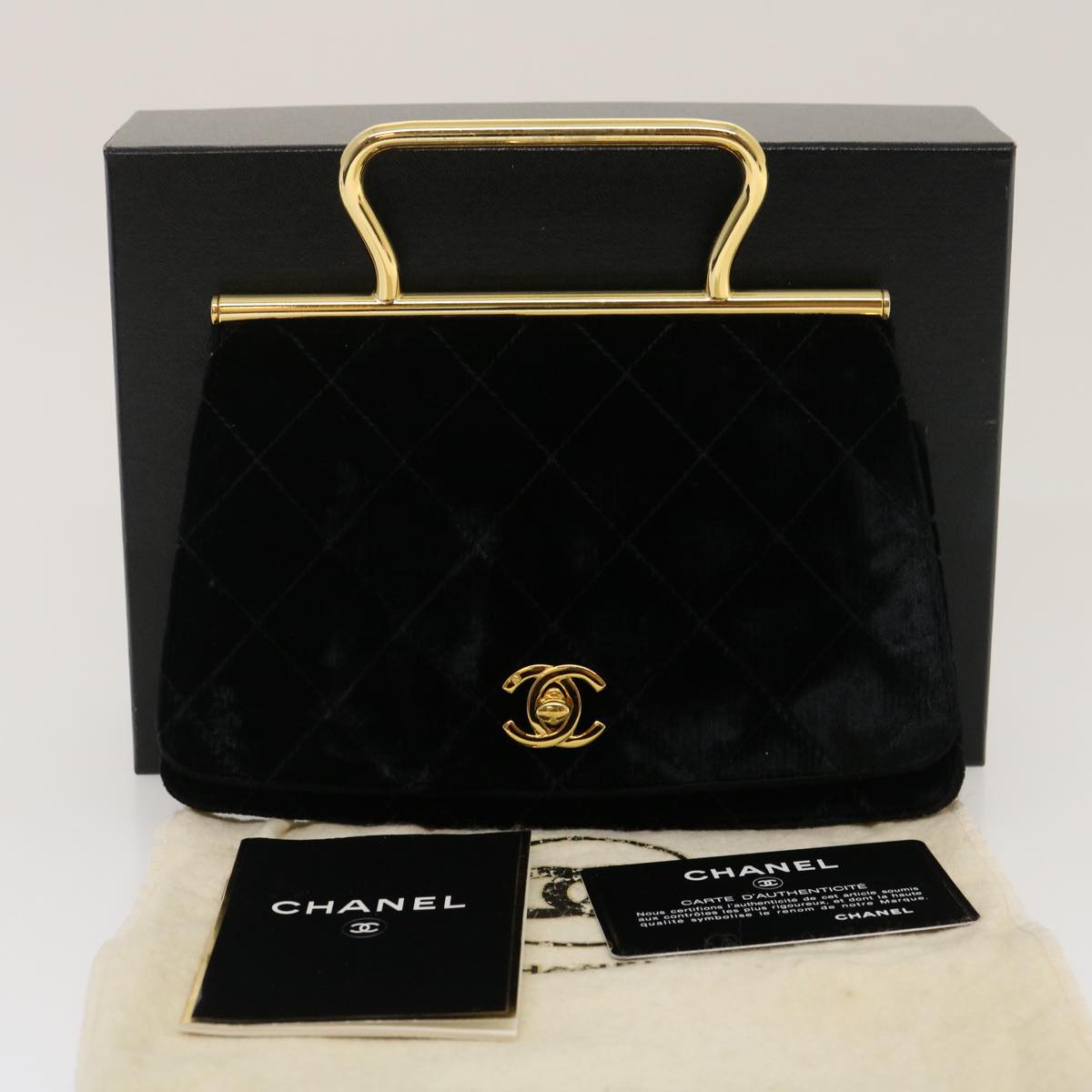 CHANEL Turn Lock Flap Matelasse Hand Bag velvet Black Gold CC  29565A