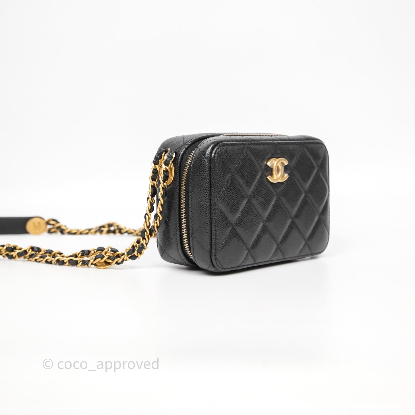 Chanel Quilted CC Coins Purse Chain Camera Case Black Caviar Aged Gold Hardware