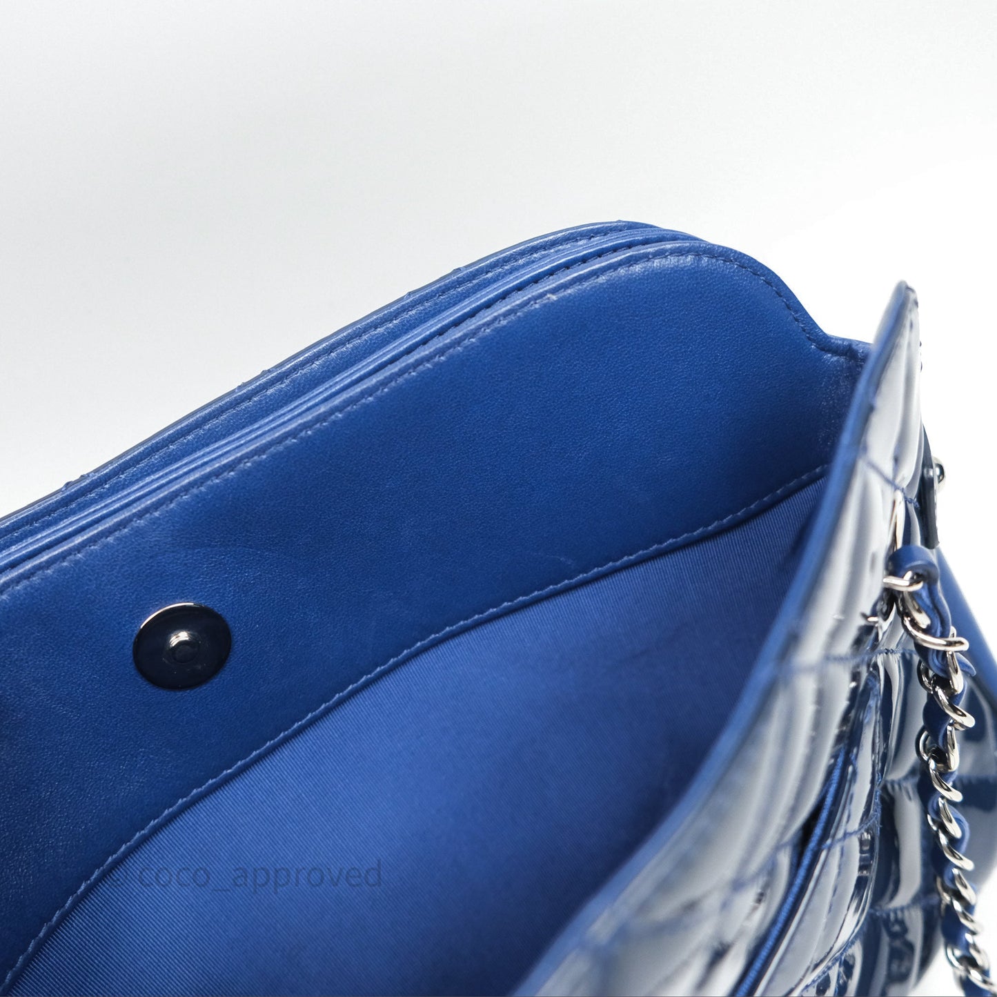 Chanel Quilted Bowling Tote Royal Blue Patent Silver Hardware