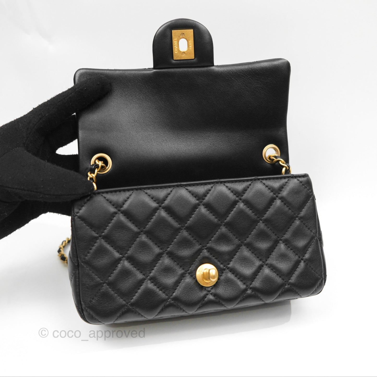 Chanel Pearl Crush Mini Rectangular Quilted Black Lambskin Aged Gold Hardware