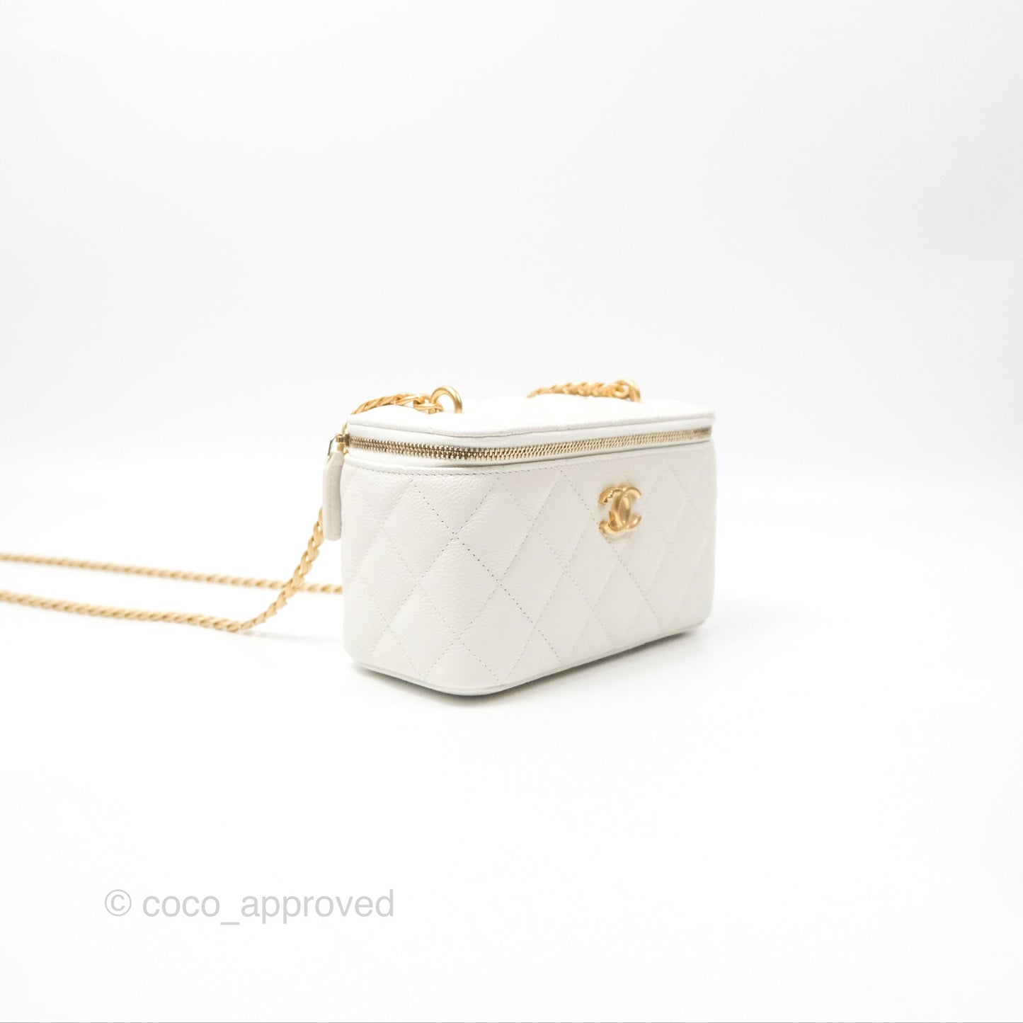 Chanel Vanity with Heart Adjustable Chain White Caviar Aged Gold Hardware