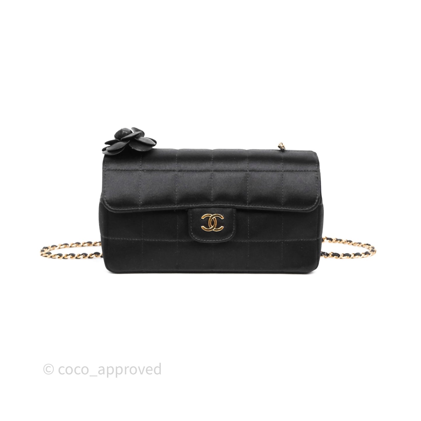 Chanel Vintage Mini Chocolate Bar Camellia Flap Black Velvet Gold Hardware
