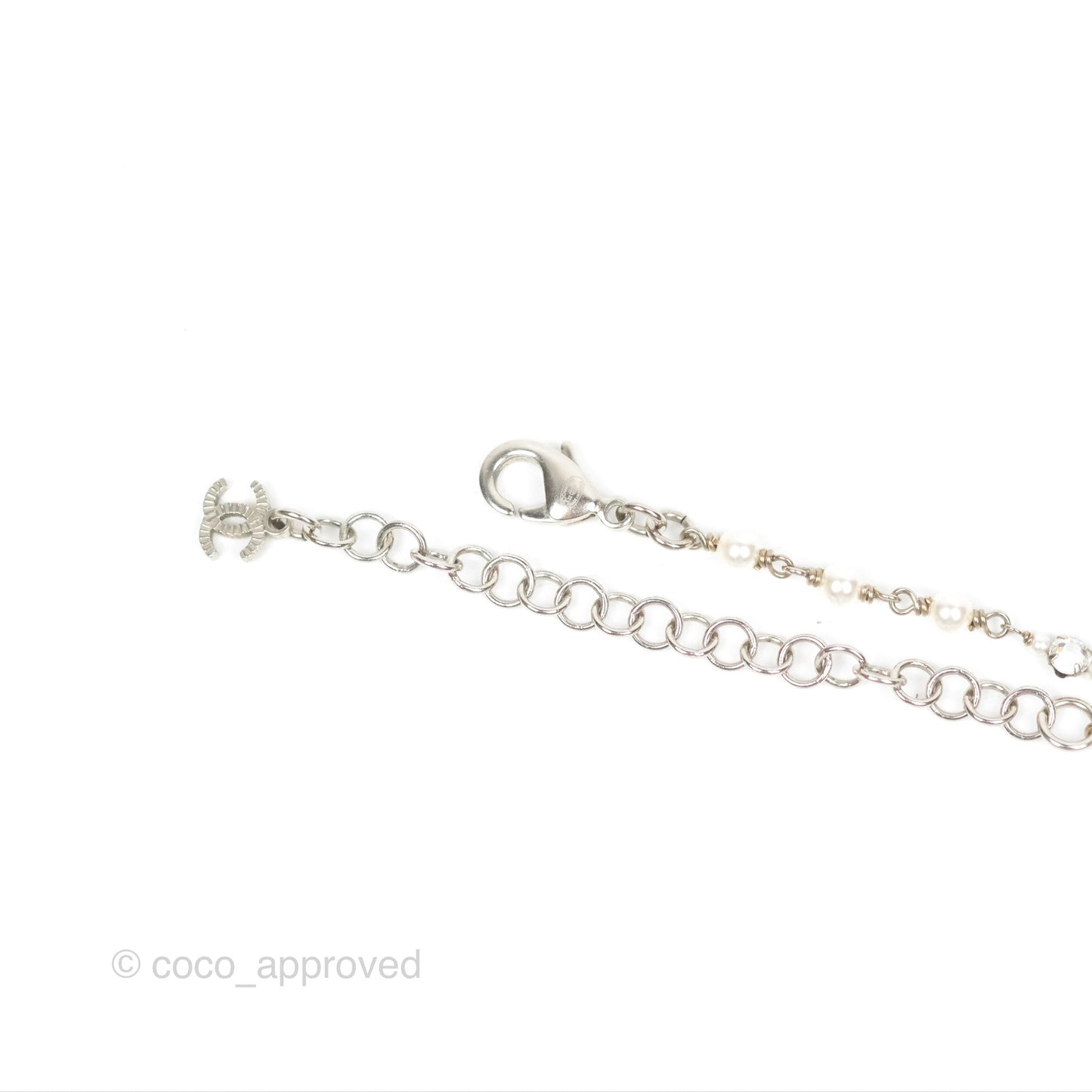 Chanel Ribbon Bow CC Crystal Pearl Chain Necklace Silver Tone 22B