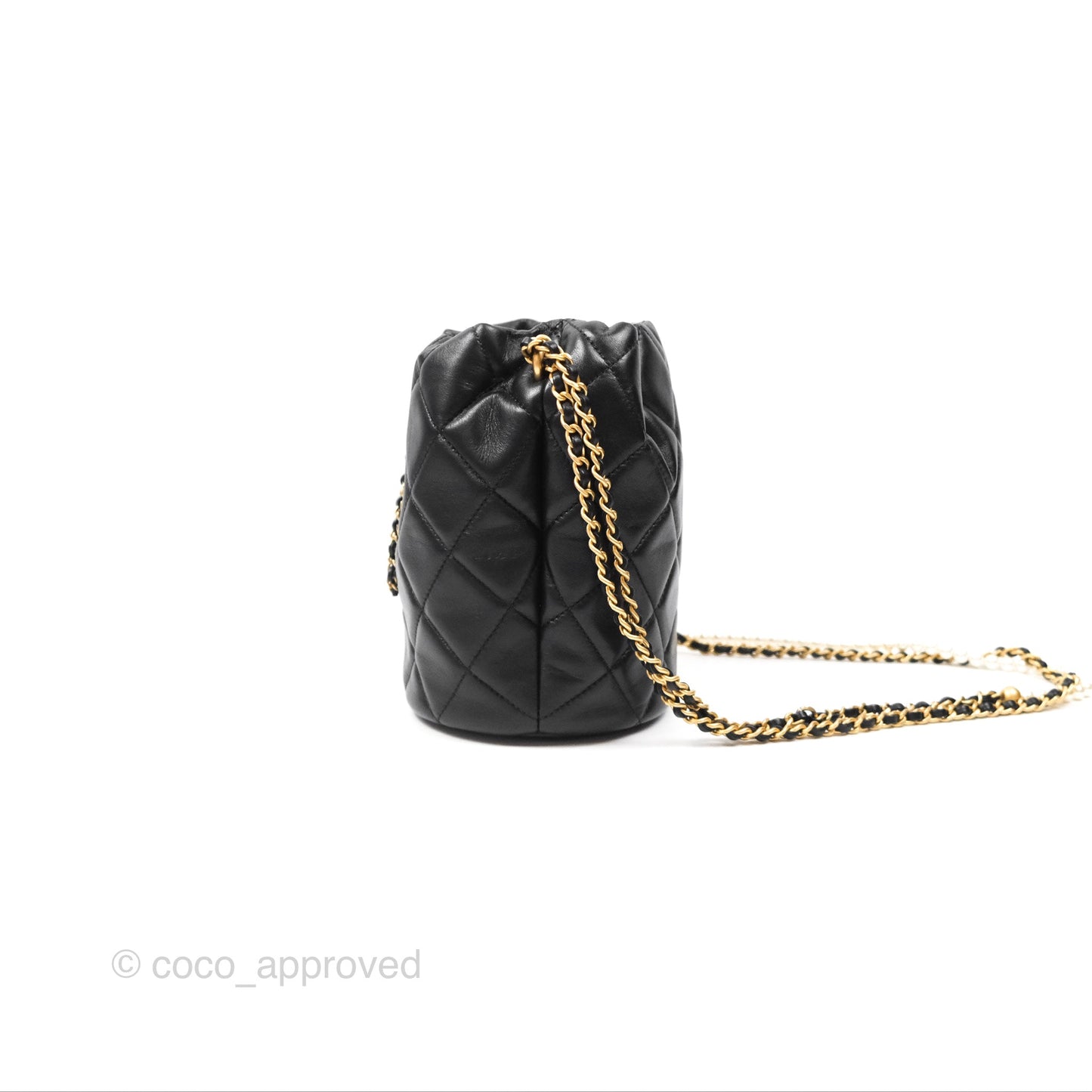 Chanel Quilted My Perfect with Pearl Drawstring Bucket Bag Black Lambskin Aged Gold Hardware
