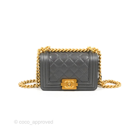 Chanel Mini Boy Dark Grey Caviar Aged Gold Hardware