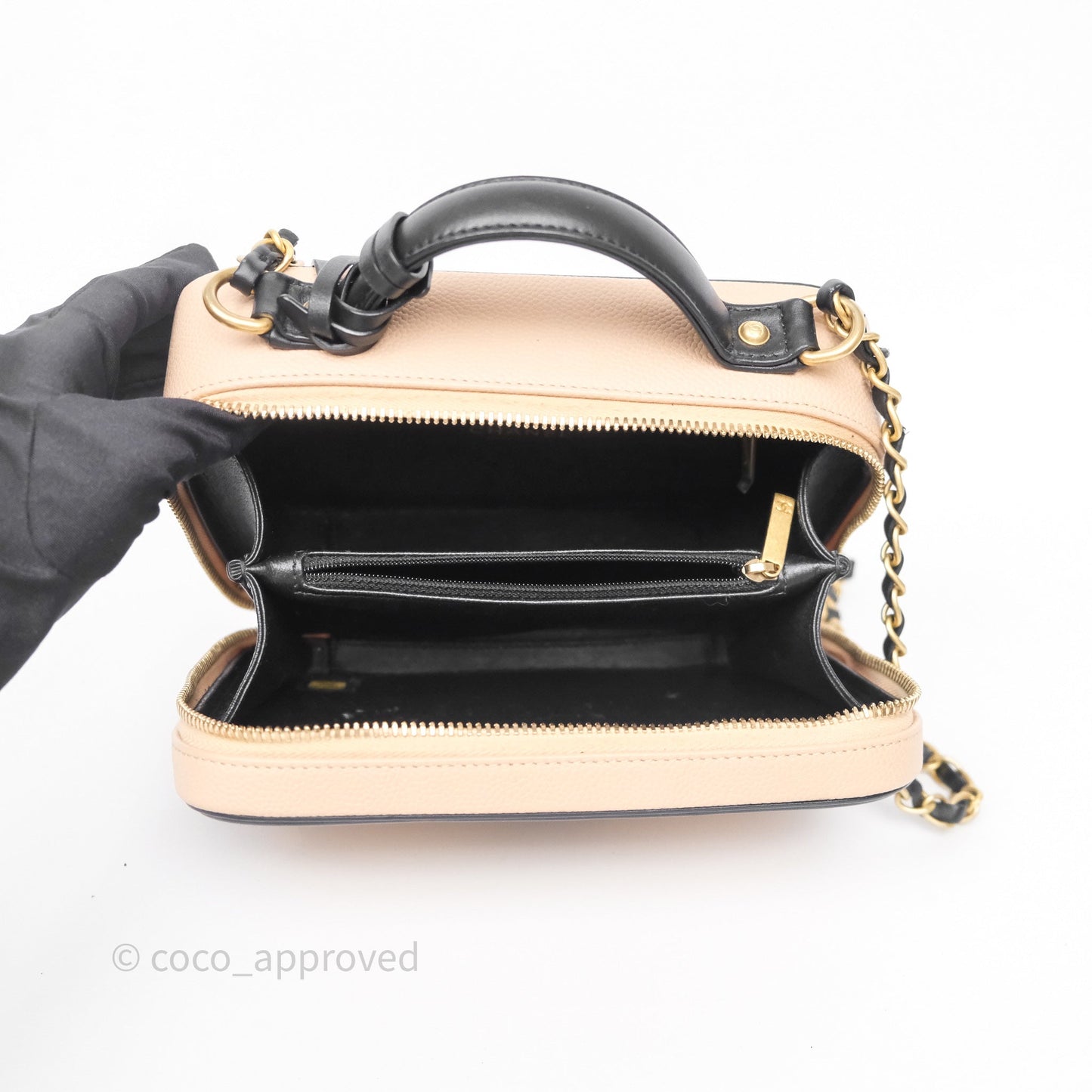 Chanel Quilted Medium CC Filigree Vanity Case Beige Black Caviar Aged Gold Hardware