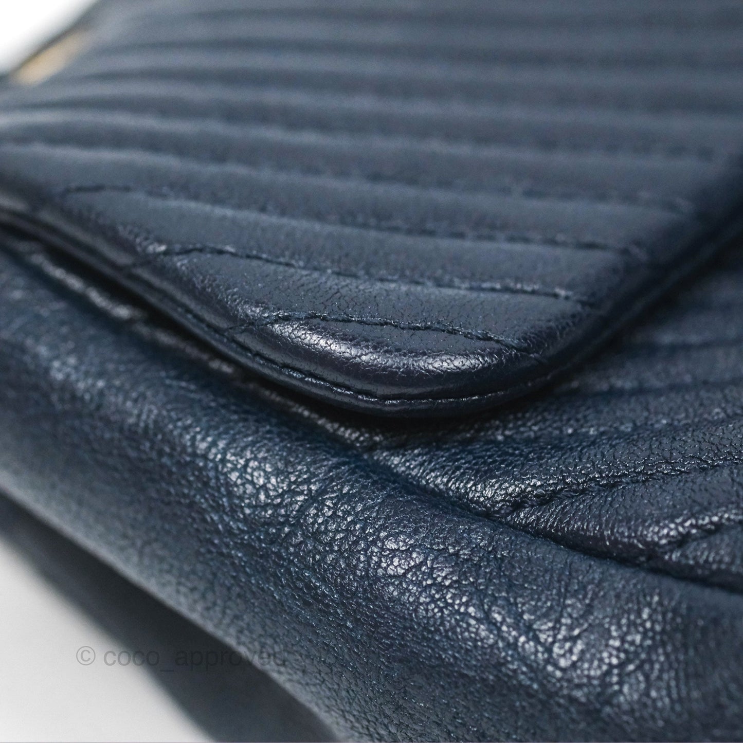 Chanel Small Chevron Surpique Flap Navy Calfskin Aged Gold Hardware