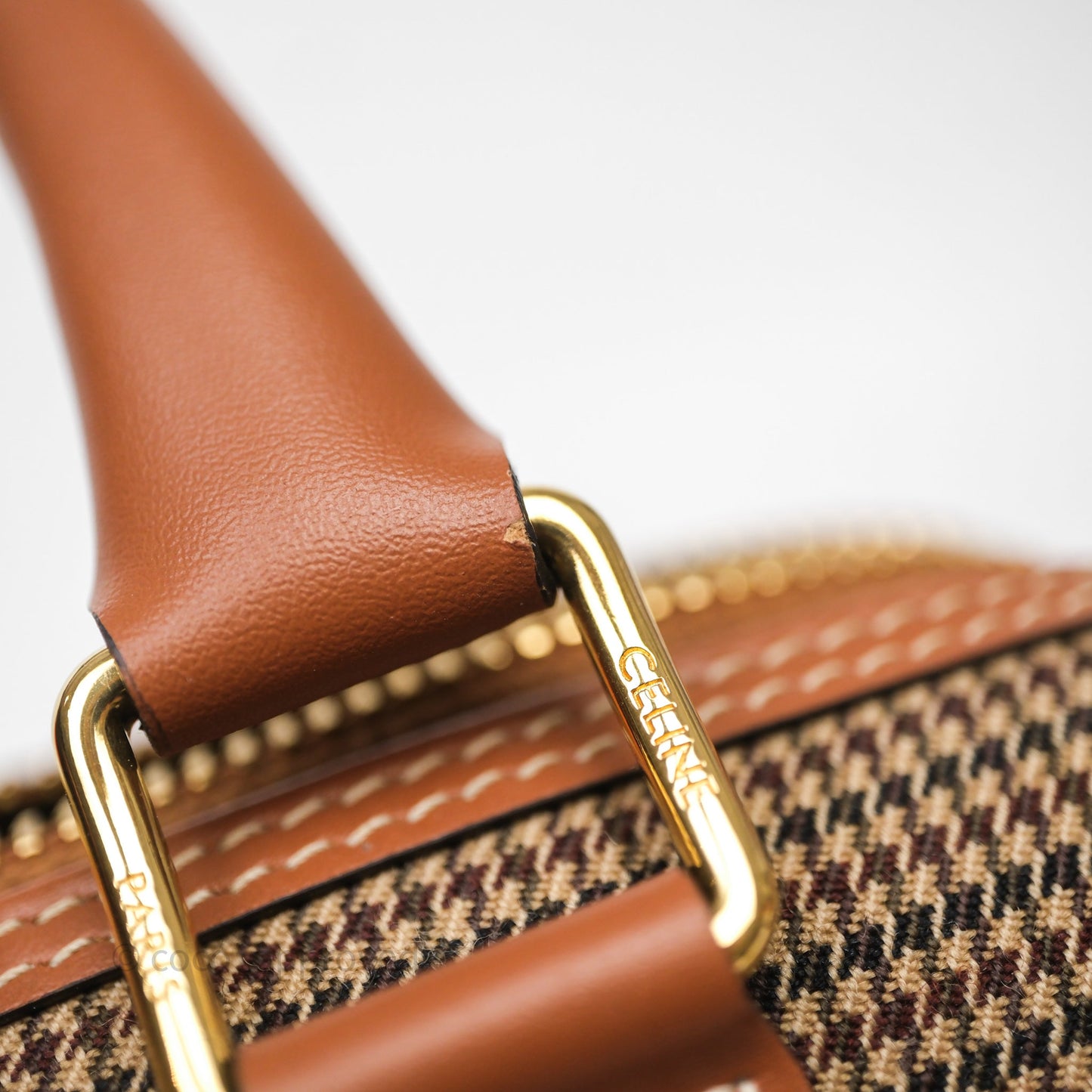 Celine Small Brown Houndstooth Boston Cuir Triomphe Tan Smooth Calfskin Bag
