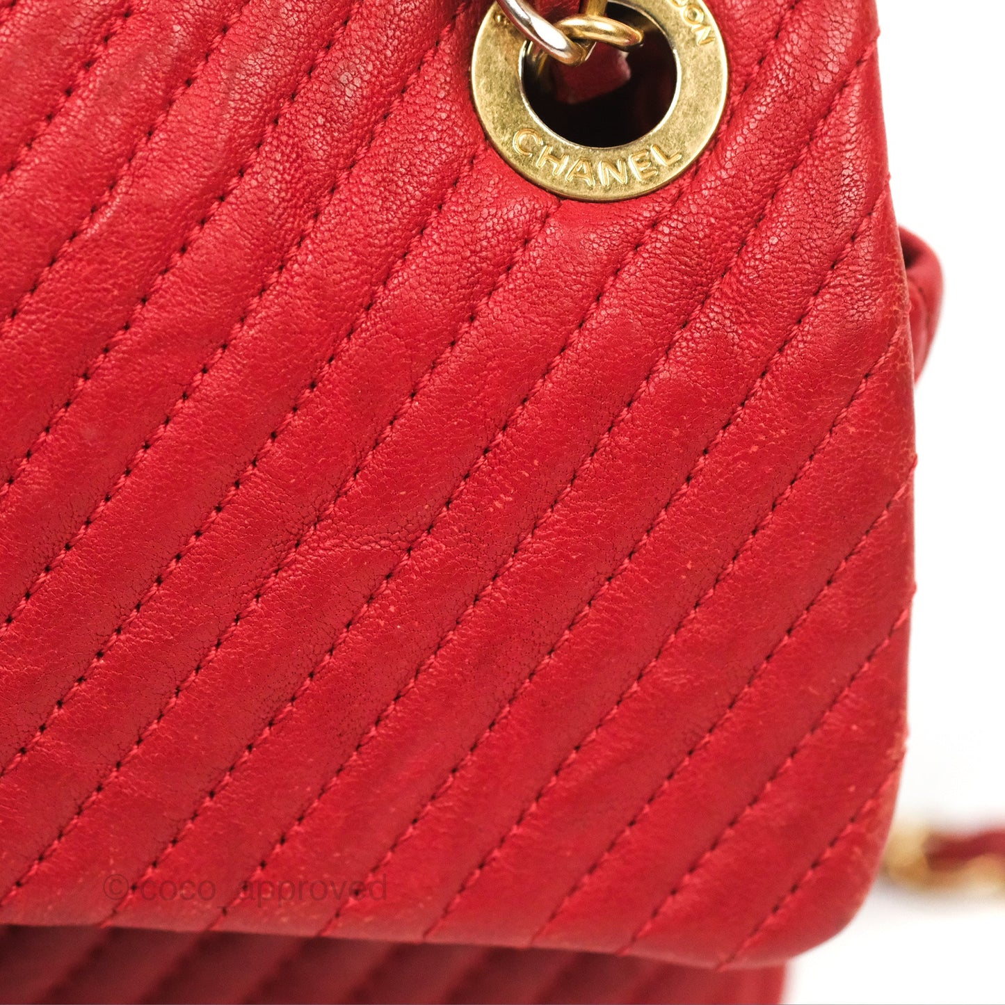 Chanel Small Chevron Surpique Flap Red Calfskin Aged Gold Hardware