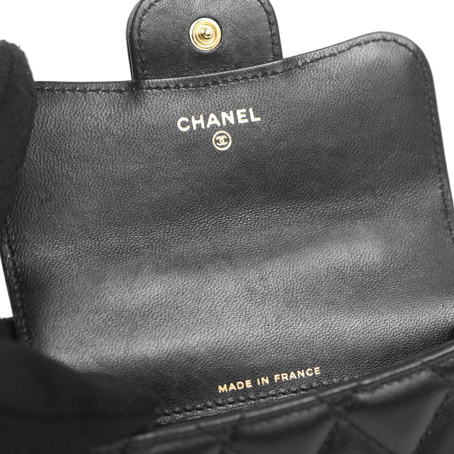 Chanel Mini Handle Flap Coin Purse With Chain Black Lambskin Gold Hardware