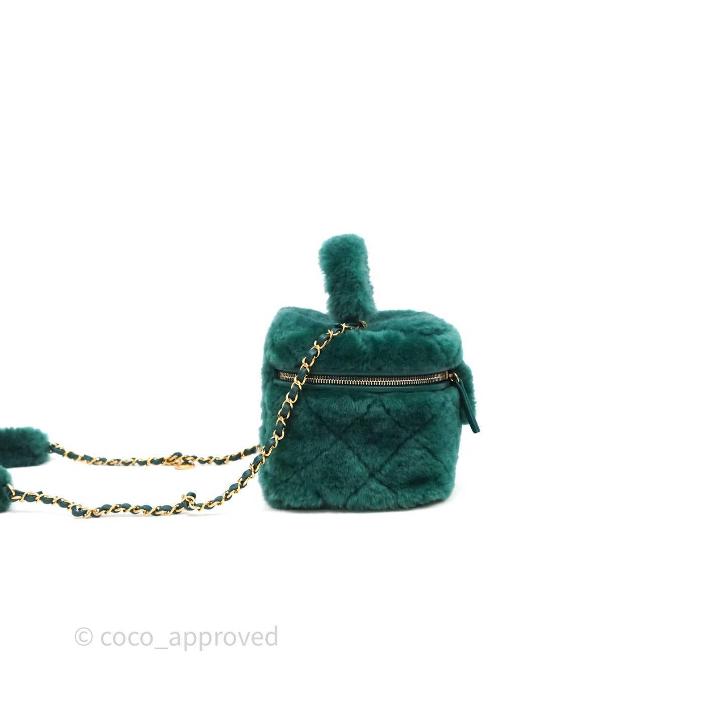 Chanel Small Vanity Case Green Shearling Aged Gold Hardware 22A